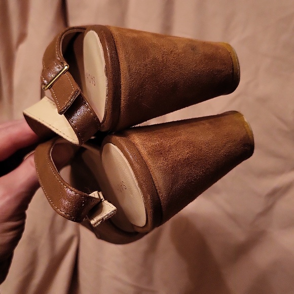 Sasha London rose brown iridescent leather & suede peep-toe wedges, size 8 - Picture 5 of 8